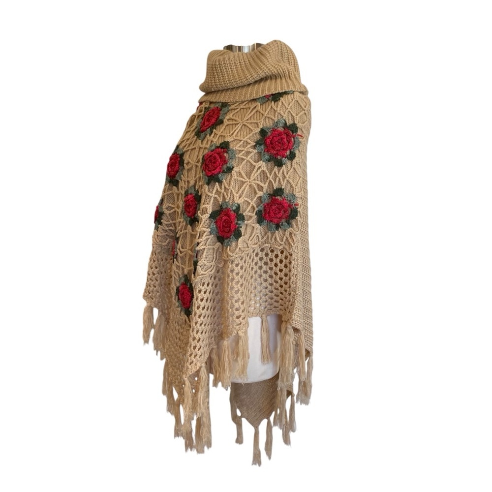 Crochet Knit Shawl Poncho with Rose Appliqué - Picture 5 of 6